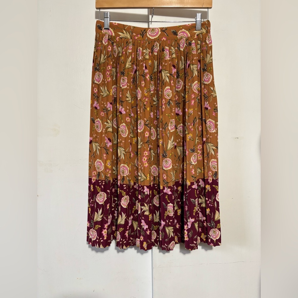 LOFT Floral Midi Skirt in Tan and Purple
